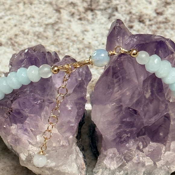 When you crave calmness, confidence, and quiet inner  Genuine Aqua Quartz Statement Necklace With Chunky Amazonite Focal Point